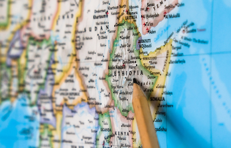 Focus on Ethiopia country on the world map with pencil pointing.の写真素材