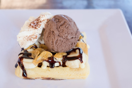 Chocolate ice cream with sliced banana, corn flake, waffle and whipped cream. Focus on chocolate ice cream.の写真素材