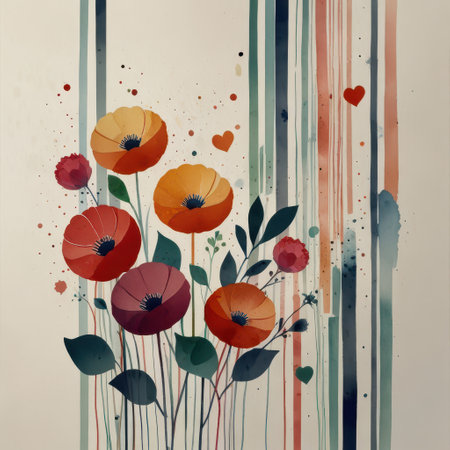 Watercolor background with poppies and hearts. Vector illustration.の素材