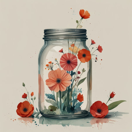 Flowers in glass jar with watercolor splashes. Watercolor illustrationの素材