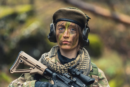Daredevilish Feminine Armed Forces military soldier posing . High quality photoの写真素材