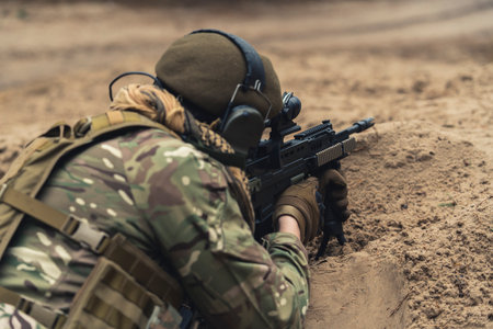 Sturdy firm rifle grip stance at practice shooting range . High quality photoの写真素材