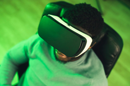 black man with VR headset blur background - close-up shot. High quality photoの写真素材