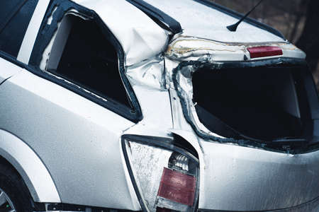 Deteriorated rear end of a urban hatchback car crashed. High quality photoの写真素材