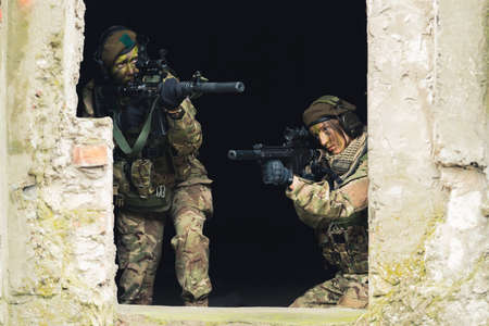 Exposed hiding position of women soldiers defending at front. High quality photoの写真素材