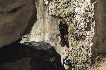 Taking cover while gun fight between soldiers and rebels . High quality photoの写真素材