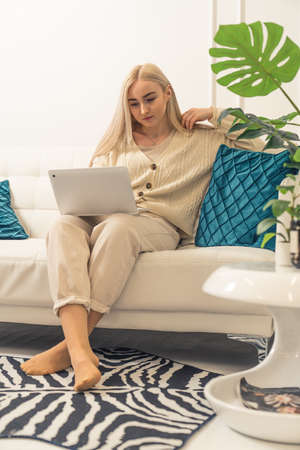 Young beautiful blond Caucasian woman sitting on the sofa looking at the laptop remote job full shot . High quality photoの写真素材
