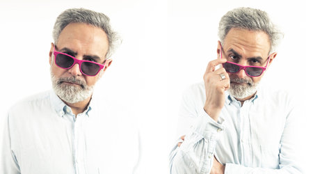 Collage portrait of middle-aged man wearing fuscia sunglasses showing suspicion isolated white...