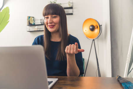 Young caucasian businesswoman looking at her laptop and conducting a meeting. Modern workplace concept. High quality photoの写真素材