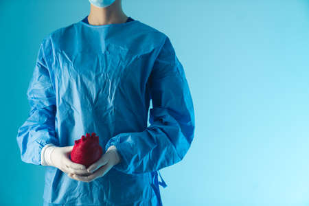 female doctor in uniform holding a red artificial heart medium shot blue background indoor...