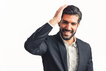 young attractive bearded businessman fixing his hair and looking at the camera with a beautiful smile. High quality photoの写真素材