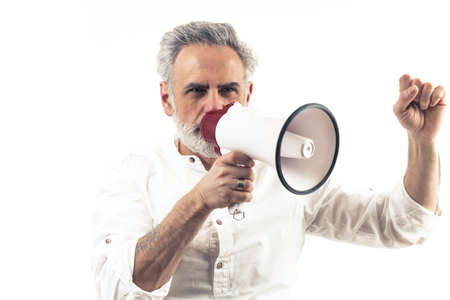 40s years old gray haired man with loudspeaker - isolated on white background. High quality photoの写真素材