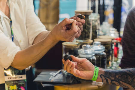 05.28.2022 Warsaw, Poland selling of CBD hashish. High quality photoのeditorial素材