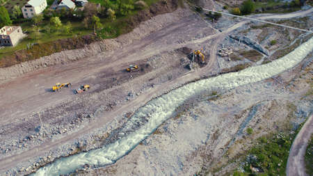 top-down view of river Tergi in Dariali gorge, Greater Caucasus mountains, Kazbegi district,...
