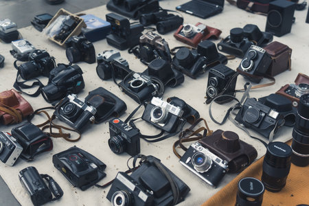 18.05.2022. Tbilisi, Georga. old vintage cameras for sale at the flea market. High quality photoのeditorial素材