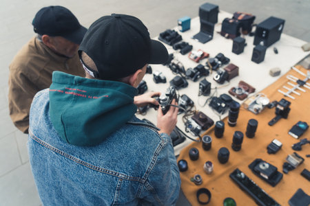 18.05.2022. Tbilisi, Georgia. a seller helping a customer to make a choice between old vintage cameras. High quality photoのeditorial素材