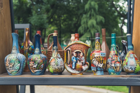 18.05.2022. Tbilisi, Georgia. wine clay jugs with Georgian ornaments in the street. High quality photoのeditorial素材