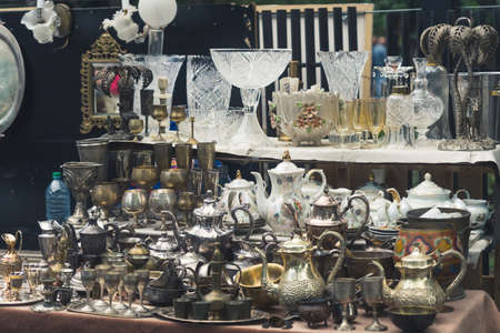 precious pottery displayed at flea market in Tbilisi, Georgia. High quality photoの写真素材