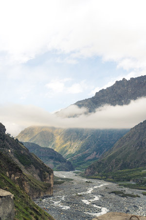 vertical photo of Dariali gorge, Kazbegi region, Georgia. High quality photoの写真素材