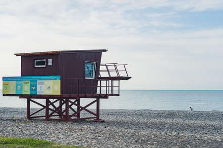 16.05.2022. Batumi, Georgia. small wooden house on the Black Sea beach. High quality photoのeditorial素材