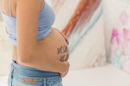 pregnant woman counting weeks with lines on her tummy. High quality photoの写真素材