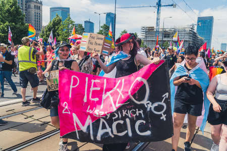06.25.2022 Warsaw, Poland. Proud Polish people LGBTQAI members fighting for abortion rights that are being restricted in Poland. Homemade poster. Equality Parade. High quality photoのeditorial素材