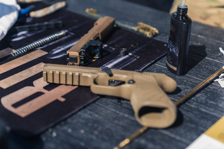 08.07.2022 Warsaw, Poland. Sig Sauer P320 full size. Unusual beige gun. Gunsmith concept. Taking...