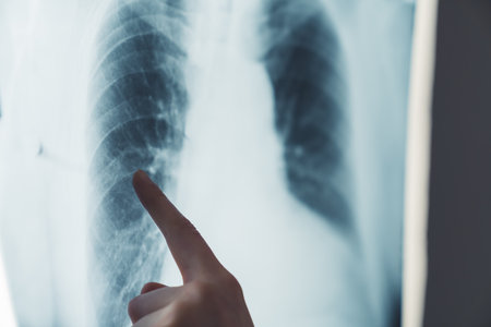 Illuminated lungs x-ray and a finger pointing at rib area. Injured patient complaining about chest pain. High quality photoの写真素材