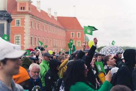 05.28.2022 Warsaw, Poland. Numerous pro-cannabis protesters of various ages and genders exercising...