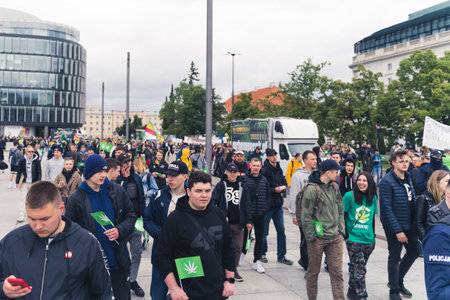05.28.2022 Warsaw, Poland. Young adult Europeans in the downtown of Warsaw fighting for legal marijuana in their country. High quality photoのeditorial素材