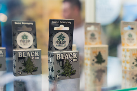 05.28.2022 Warsaw, Poland. Cardboard packages containing one gram of dried CBD cannabis buds....