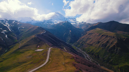 high angle view of the road in the Caucasus mountains, Kazbegi, Georgia. High quality photo