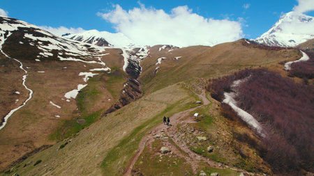 scenic drone shot of mountains in Kazbegi, Georgia. High quality photo