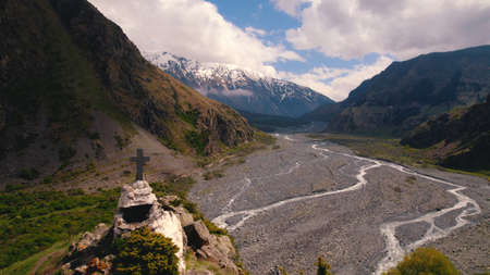 aerial view of the small streams in Dariali gorge, Kazbegi, Georgia. High quality photo