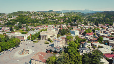 scenic drone shot of river Rioni and Bagrati Cathedral in Kutaisi, Georgia, Europe. High quality photoの写真素材