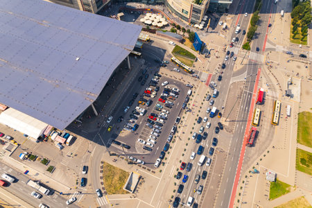 7.22.2022 Warsaw, Poland. Central Railway Station seen from birds perspective. Traffic in the city. Transportation concept. High quality photoのeditorial素材