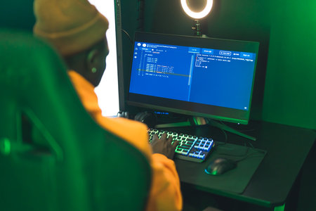 Concentrated bearded black guy in an orange outfit looking away, sitting on a gaming swivel chair in...