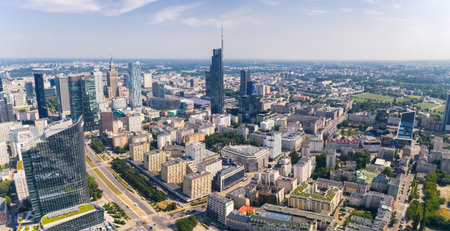 7.22.2022 Warsaw, Poland. Varso skyscraper towering over the city of Warsaw. Noon, beautiful weather. Variety of buildings in different architectural styles. High quality photoのeditorial素材