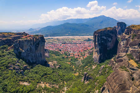 stunning aerial view of the famous monasteries on the tops of stone pillars in Meteora, Greece. High quality photoの写真素材