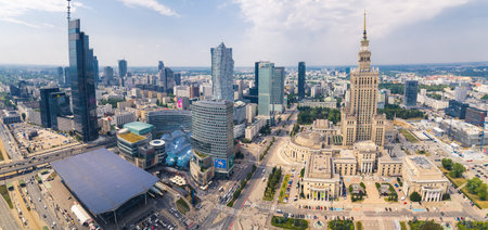 7.22.2022 Warsaw, Poland. Panoramic aerial drone view from above of city center skyline. Mix of architectural styles. High quality photoのeditorial素材