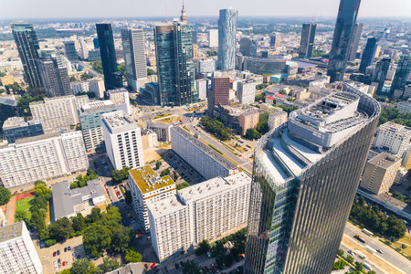 7.22.2022 Warsaw, Poland. Warsaw skyline presented by aerial drone view photograph taken during one...