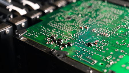 Close-up shot of PCB printed circuit board in the process of surface mounting. SMT surface-mount...