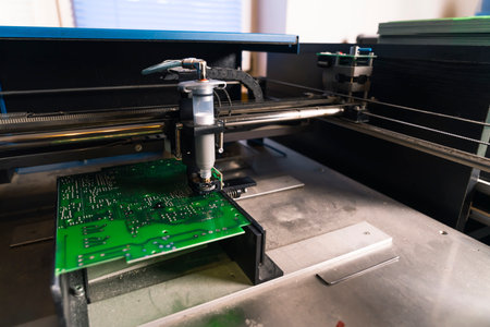 Machine distributing solder onto surface of printed circuit board PCB. Soldering process. Modern...