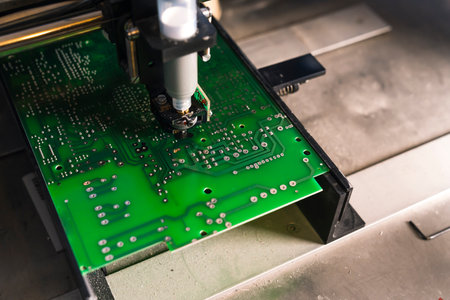 Dispencer machine used on surface of PCB printed circuit board in soldering process. Soldering...