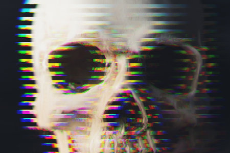 Death symbols concept. Closeup illustration of blurred white human skull witch colorful chromatic aberration. Black background. High quality illustrationの写真素材
