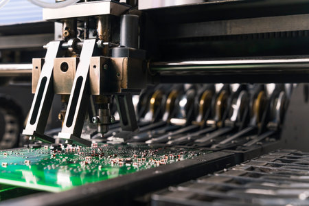 Indoor macro closeup of professional SMD montage machine during work on new printed circuit board....
