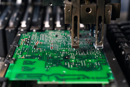 Mechanical montage of surface-mount technology. PCB electrically connecting electronic components with the use of conductive pathways. High quality photoの写真素材