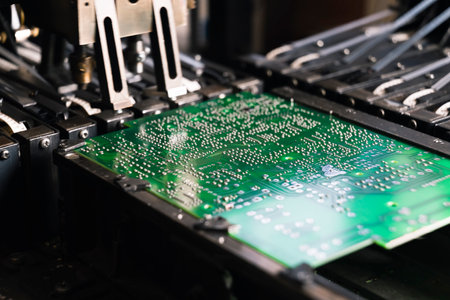 Printed circuit board as the board base for various electric components being placed on it by SMD montage machine. Closeup shot. High quality photoの写真素材