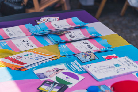 June 25, 2022 Warsaw, Poland - Merchandise Stands selling items at the LGBT pride parade in Warsaw, Poland, on June 25, 2022. . High quality photoのeditorial素材