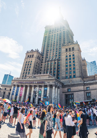 Warsaw, Poland. 25 June 2022. Warsaws Equality Parade. Polish and Ukrainian activists march for LGBTQ rights near The Palace of Culture and Science. High quality photoのeditorial素材